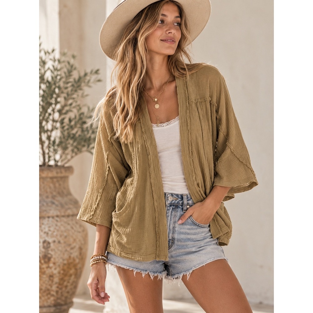 Promesa Olive Green Gauze Cotton Open Front Cardigan Boho Raw Edge Small NJJ0757